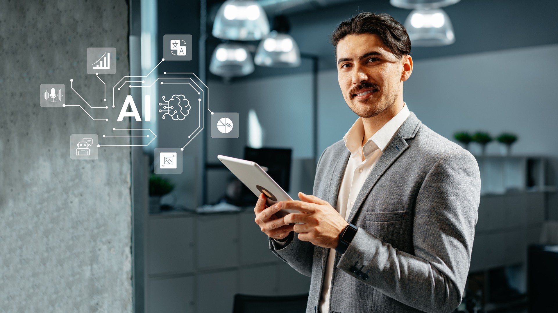 Man in business attire engages with technology, exploring artificial intelligence business transformation concepts in a modern office setting