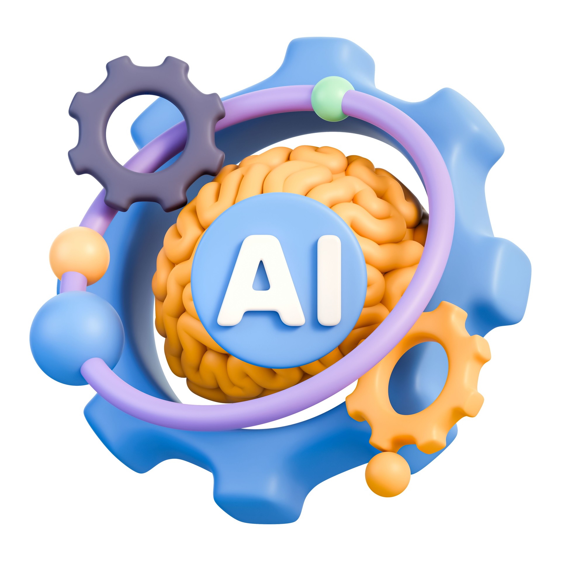 AI brain with neural network inside gear and orbit rings for machine learning 3d illustration