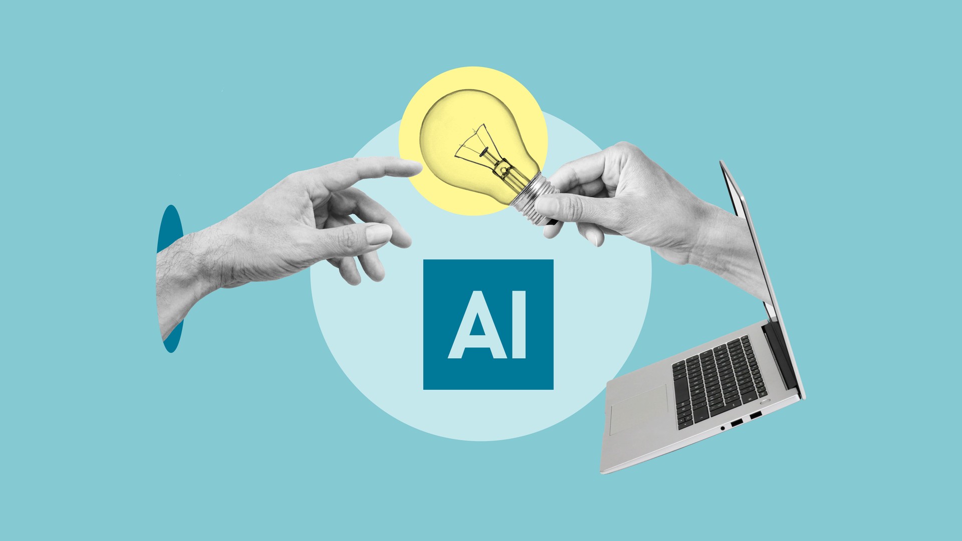 Hand with AI light bulb is coming out of laptop screen for Business AI artificial intelligence marketing and technology