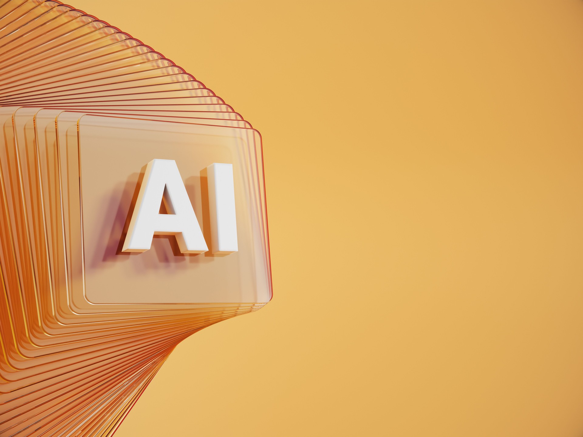 Artificial Intelligence symbol in front of layered and twisted glass squares on orange background.