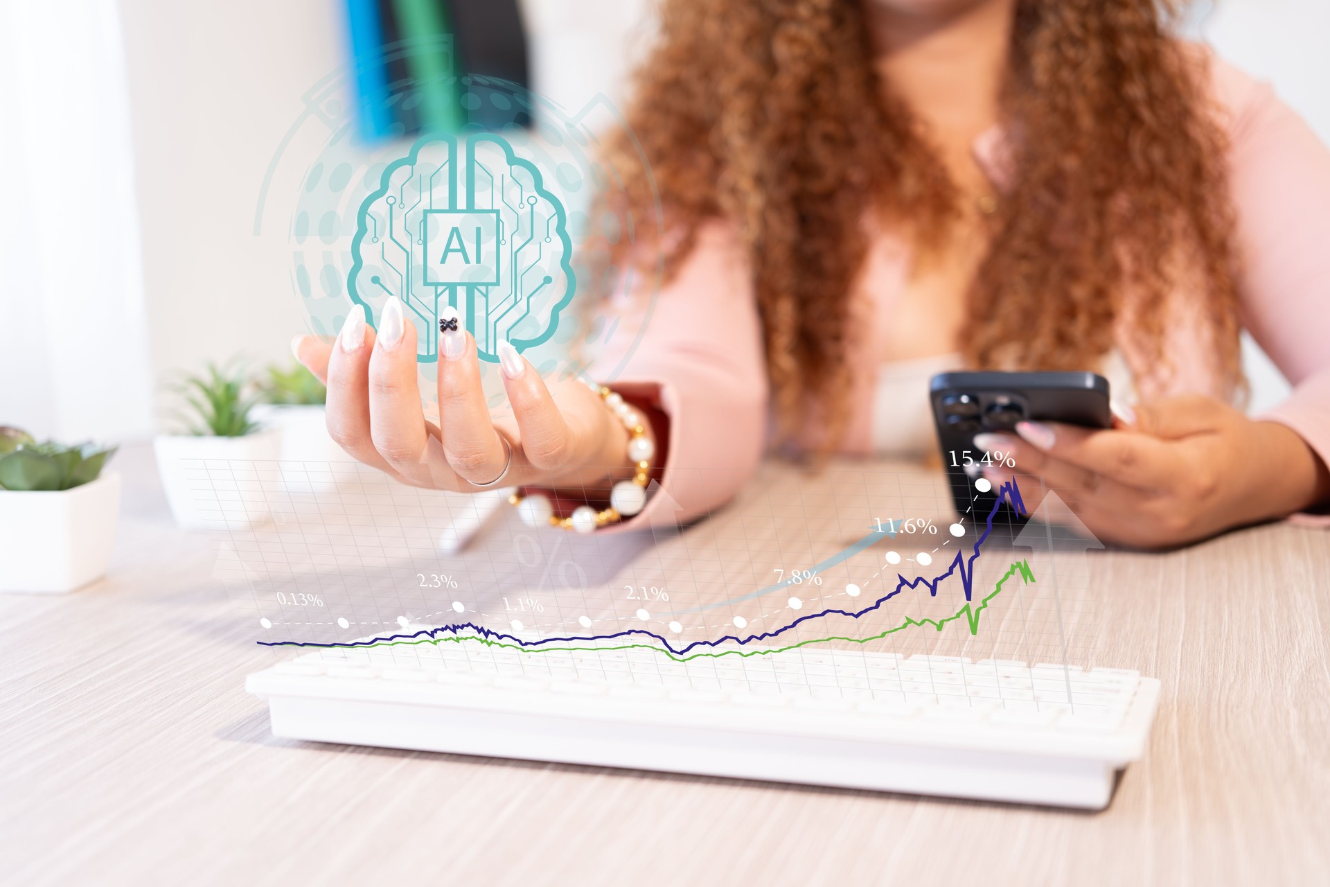 Businesswoman uses artificial intelligence to study market behavior and know the best time to invest