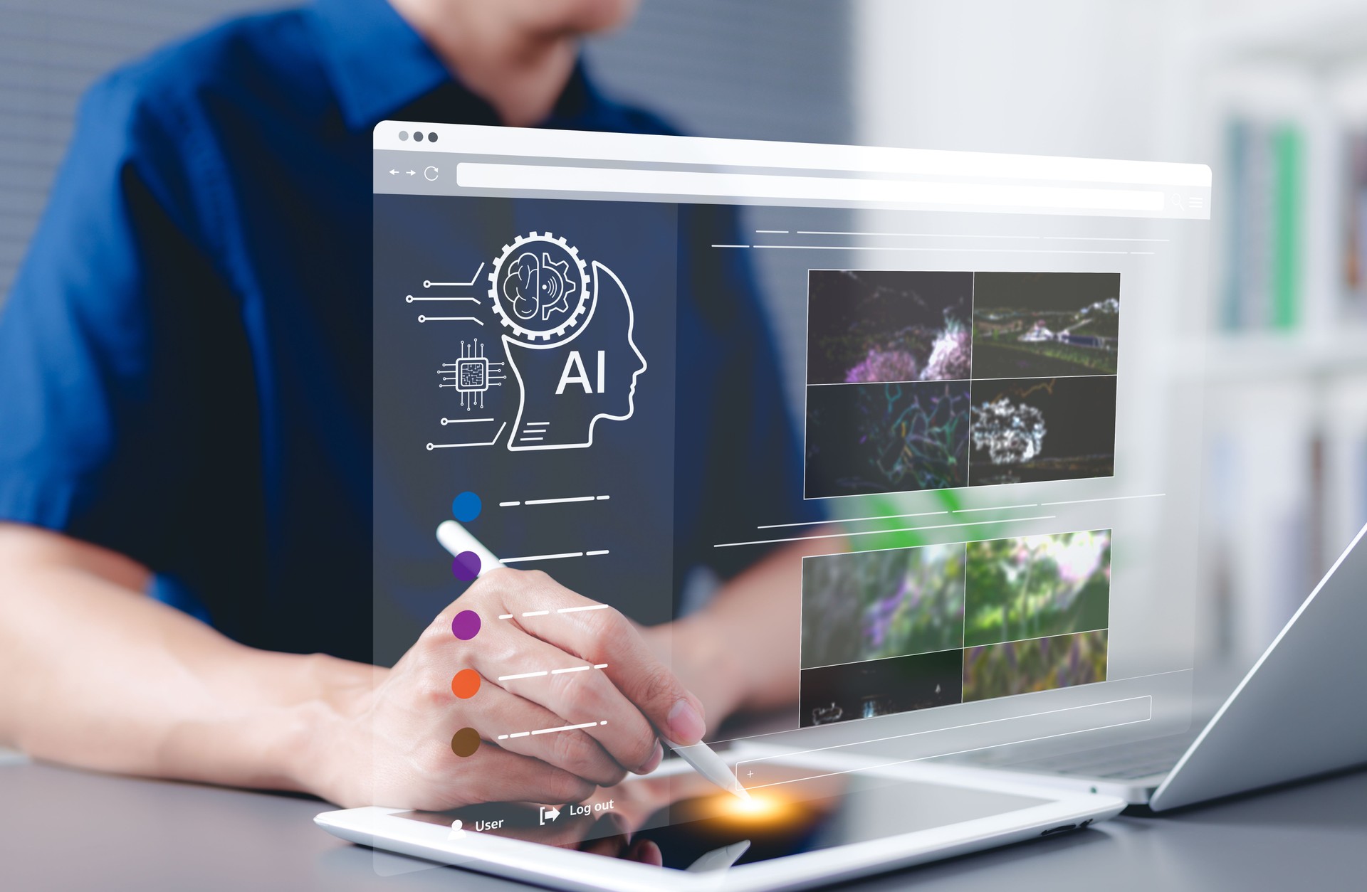 AI image creation technology. Person using digital pen and tablet to AI software to generate images, screen visual, AI Prompt, Image generated by artificial intelligence. photo, creativity art picture